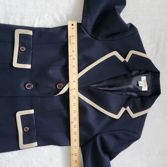 Talbots Petites Size 6 Navy Blue Button Blazer W/Beige Trim - Picture 9 of 11